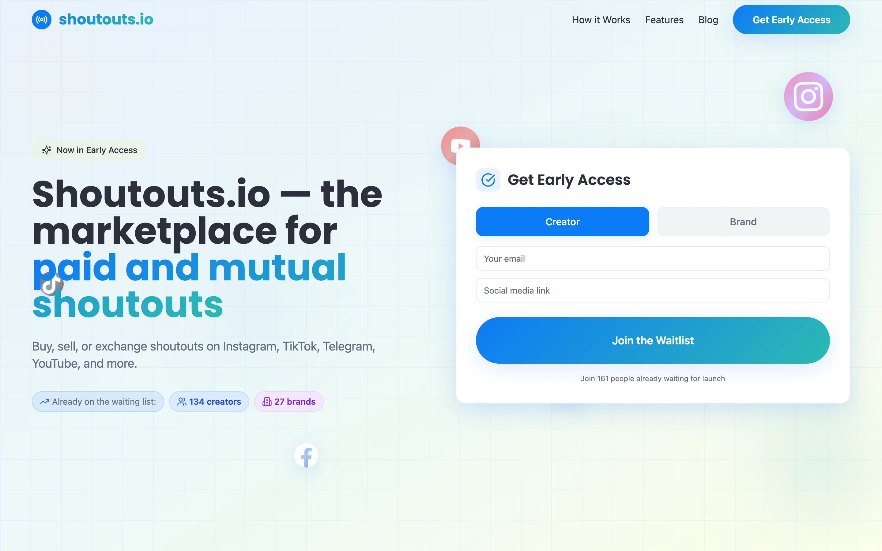 Shoutouts.io — лендинг сервиса видеоотзывов скриншот 1